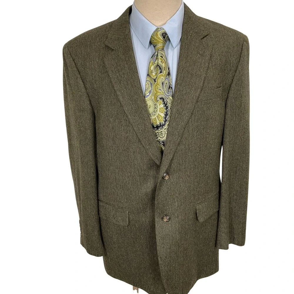 Jos A Bank Blazer Mens 43L Green Gray Multi Herringbone Heritage Two Button Wool